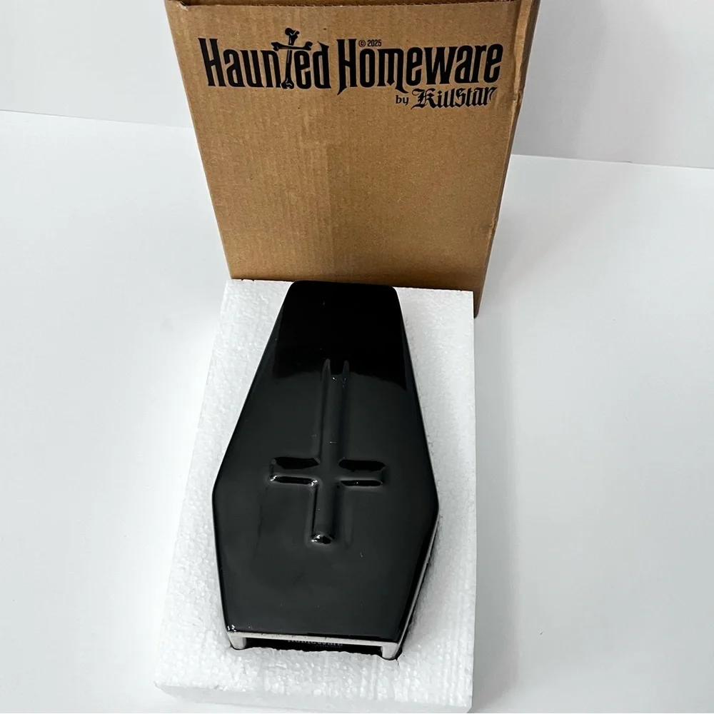 New Killstar Haunted Homeware Black Coffin Shape Vase Ceramic Glossy Cross Large